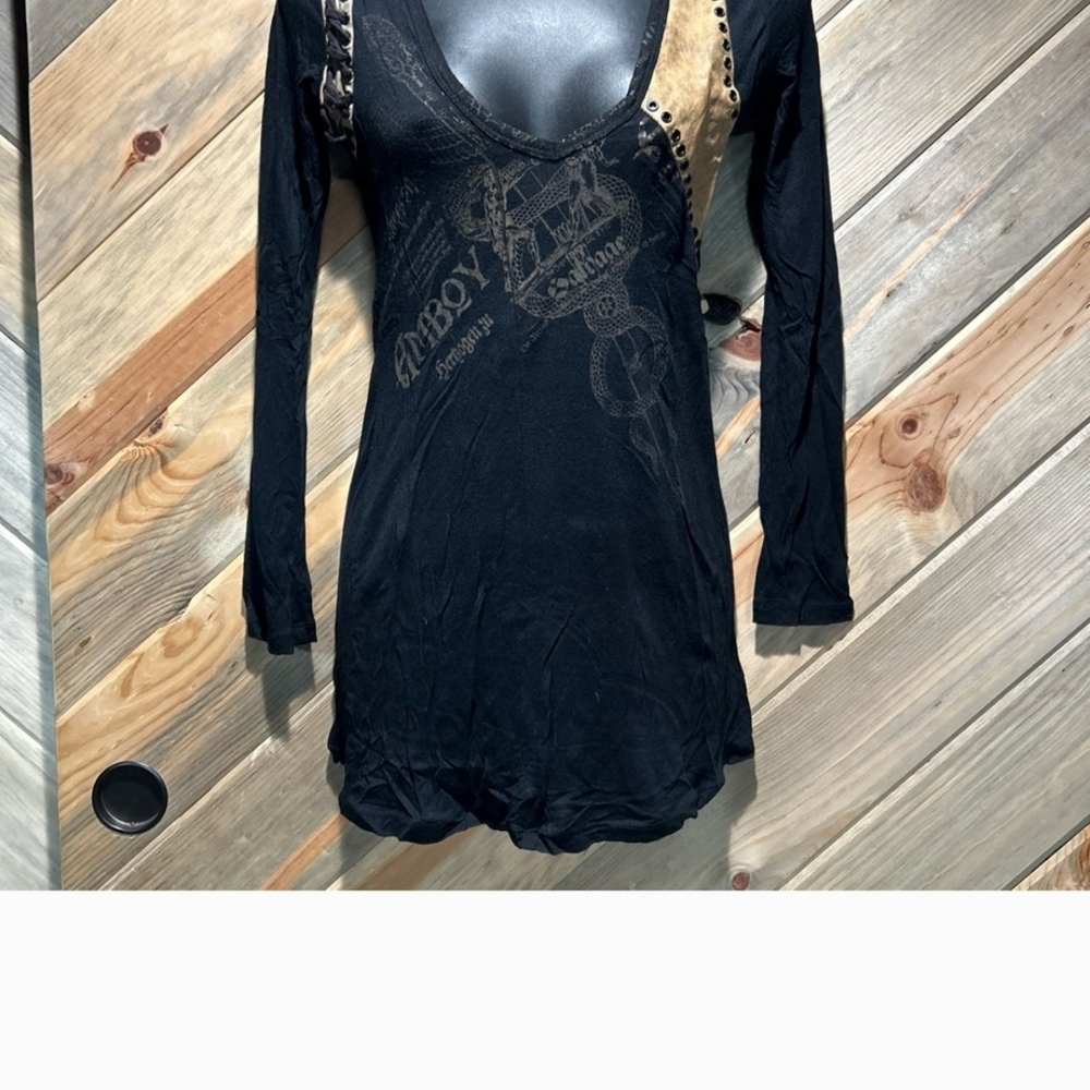 SALVAGE with Leather And Grommets Laced Tattoo Prin Gorgeous Long Sleeeved Dress